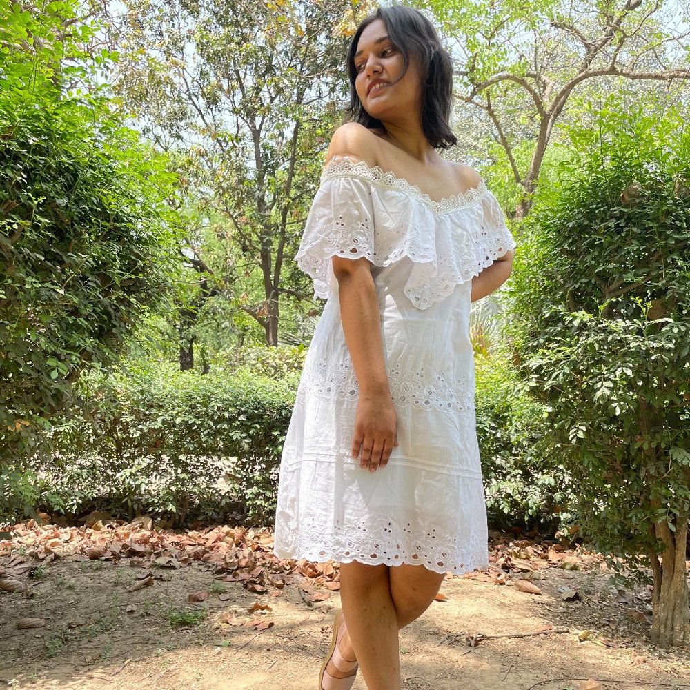 Medium- White Off-shoulder Mini Dress - Picture 1 of 9